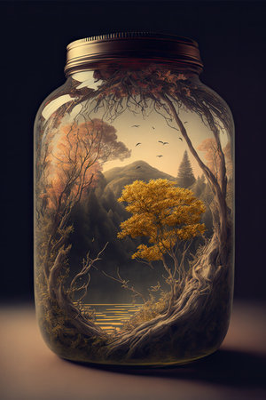 Tree in a glass jar on dark background. 3D illustration.の素材