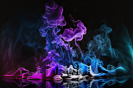 Colorful smoke in water on black background. 3D illustration.の素材
