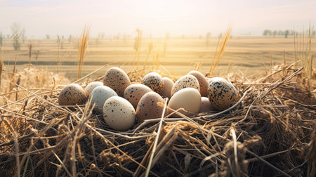 Eggs in the nest on a background of a wheat fieldの素材