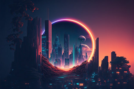 Futuristic city at night with neon light. 3d renderingの素材