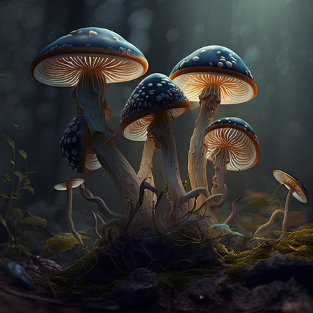 Mushrooms growing in the forest. 3d illustration. Fantasyの素材