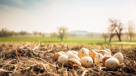 Easter eggs in the nest on the meadow with nature backgroundの素材