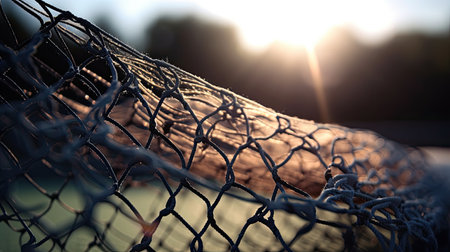 Baseball net closeup at sunset, shallow depth of field.の素材