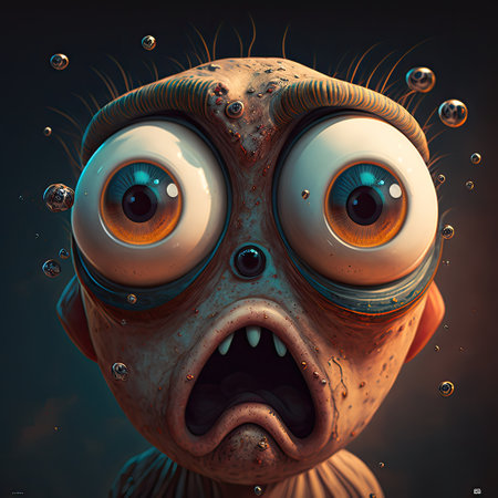 Funny alien face with big eyes. 3D illustration. Toned.の素材