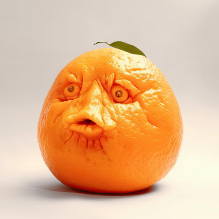 Orange with a sad face on a white background, close-upの素材