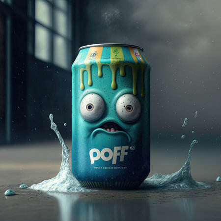 3d rendering of a soda can with funny face in the rainの素材