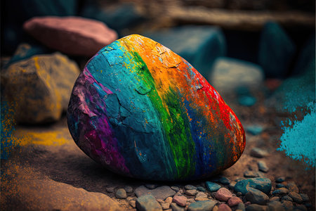 Easter egg painted with rainbow colors on a stone background. Easter concept.の素材