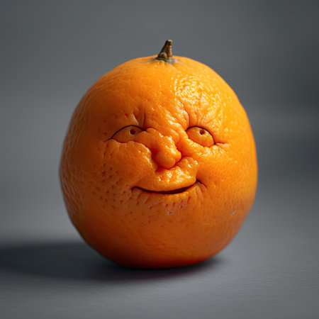 Smiling orange on a gray background. The concept of healthy eating.の素材