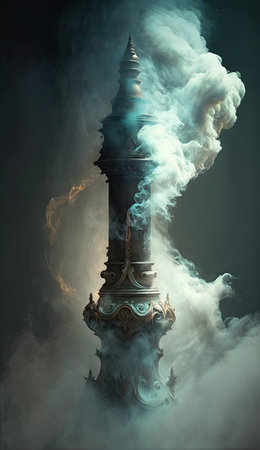Ancient column with smoke in the dark, 3d rendering. Computer digital drawing.の素材