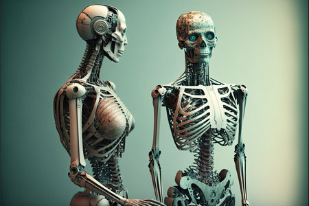 3D rendering of a male cyborg with a female robot.の素材