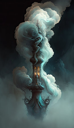 3D illustration of an old lamp with smoke on a dark backgroundの素材