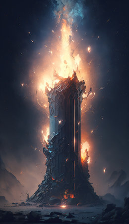 Burning building in the night. Conceptual image. 3D renderingの素材