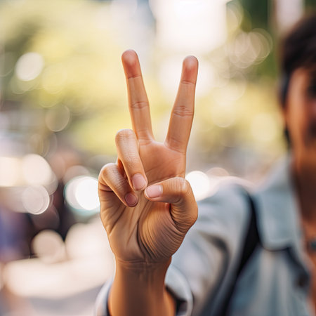 Close up of a woman showing victory sign with her fingers on the streetの素材