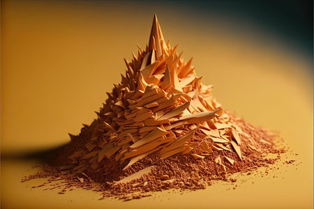Abstract image of a pyramid made of wooden shavings on a yellow backgroundの素材
