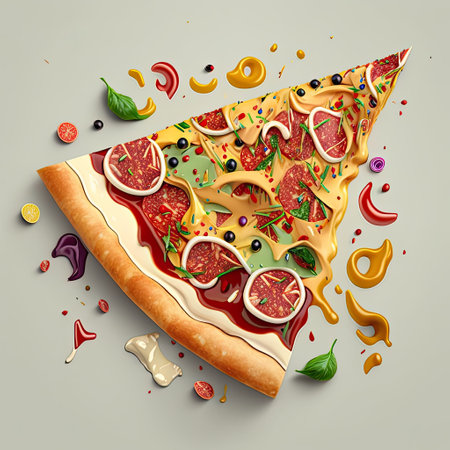 Pizza slice with salami and figs. Vector illustration.の素材