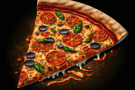 Pizza with tomato, olives and basil on a black backgroundの素材