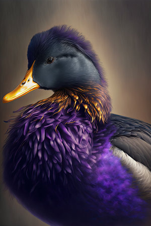 Beautiful black duck with purple plumage on a dark background.の素材