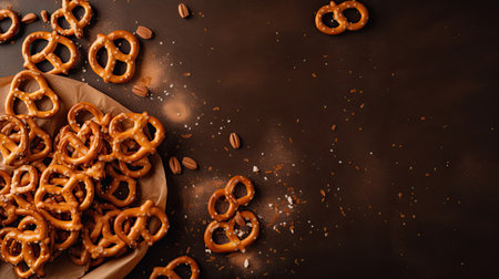 Pretzels with coffee beans on a brown background, top viewの素材