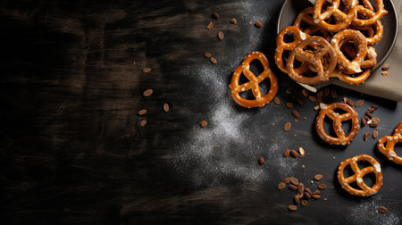 Fresh baked homemade salted pretzels with salt on black backgroundの素材