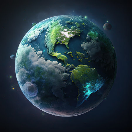 Planet Earth in space with visible city lights. 3D illustration.の素材