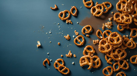 Pretzels with salt on a dark background, top viewの素材