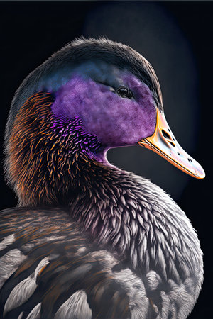 Portrait of a mallard duck on a black background. Digital painting.の素材