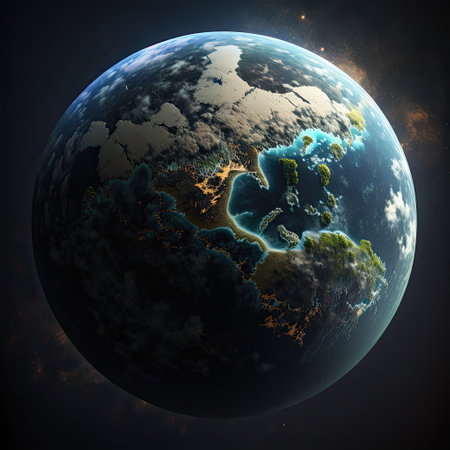 Planet Earth in space with visible city lights. 3D illustration.の素材
