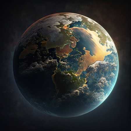 Earth from space. 3D illustration with detailed planet surface and visible city lights.の素材
