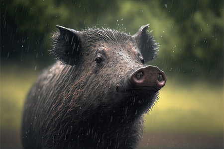 Portrait of a wild boar in the rain. Wild boar.の素材