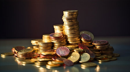 Pile of coins on table with dark background, business and financial conceptの素材