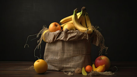 Bag full of fresh fruits on wooden table, on dark backgroundの素材