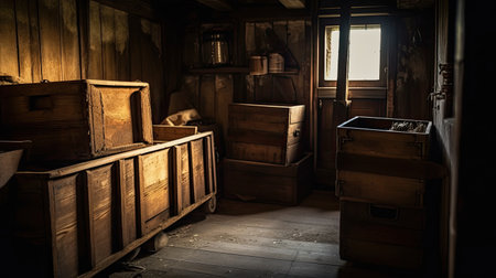 Wooden crates in an old farmhouse. Toned image.の素材