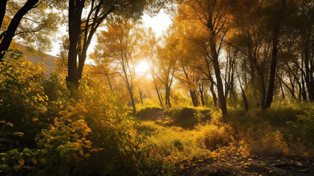 Autumn forest at sunset. Beautiful autumn landscape in the forest.の素材