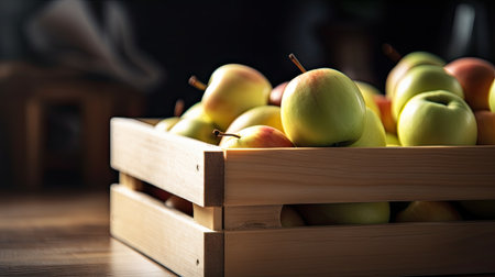 fresh apples in a wooden box on a wooden table, selective focusの素材