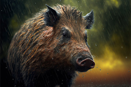 Wild boar in the rain. 3D illustration. Fantasy.の素材