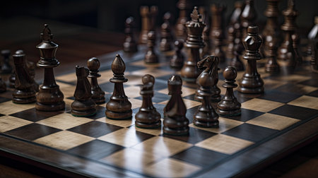 Chess pieces on a chessboard, close-up. Selective focus.の素材