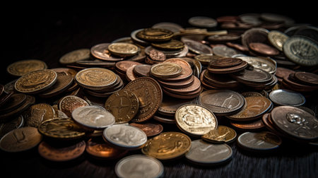 Pile of old coins on a wooden table. Selective focus.の素材