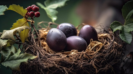 Easter eggs in a nest with leaves on a dark background.の素材
