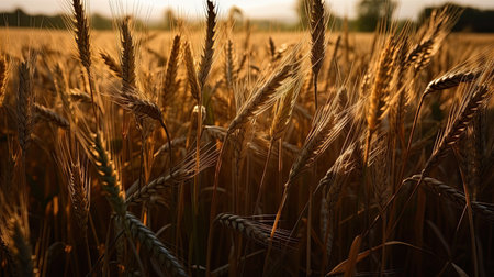 Golden ears of wheat on the field at sunset. Shallow depth of fieldの素材