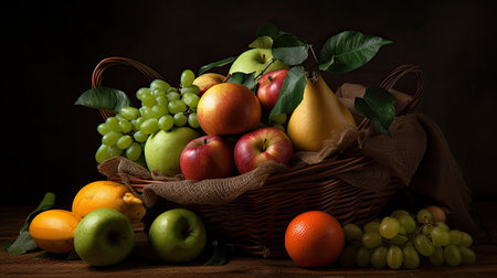 Fruits in a basket on a wooden table. Black background.の素材