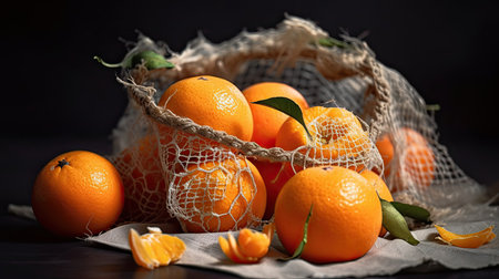 Ripe tangerines in a mesh bag on a black backgroundの素材