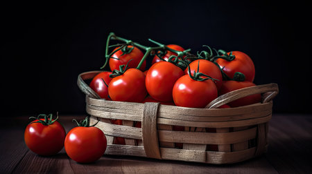 Fresh tomatoes in a basket on a wooden table. Dark background.の素材
