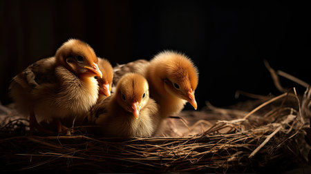 Little yellow ducklings in a nest on a dark background. Selective focus.の素材