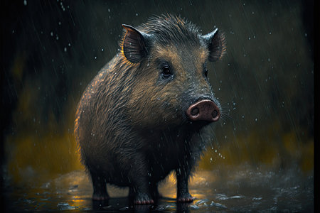 Wild boar (Sus scrofa) in rain on dark backgroundの素材