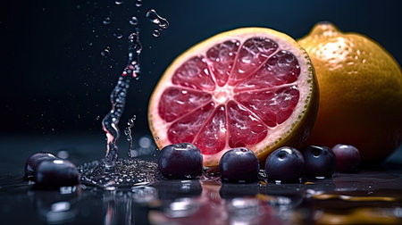 Fresh grapefruit and blueberries on a dark background with water dropsの素材