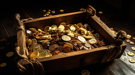 Coins in a wooden box on a dark background. Treasure concept.の素材