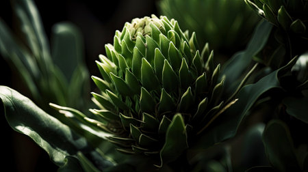 Close-up of a green pincushion protea plantの素材