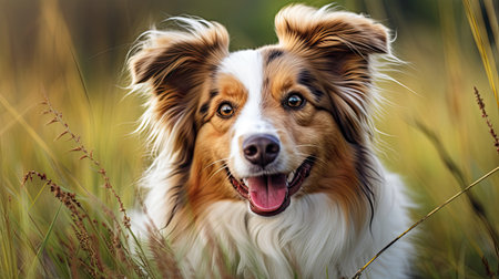 Portrait of a purebred Australian Shepherd dog sitting in the grassの素材