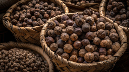 Walnuts and hazelnuts in wicker baskets on a wooden backgroundの素材