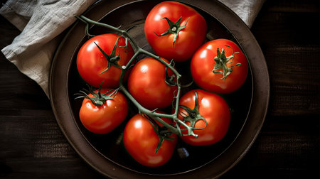 Ripe red tomatoes on the vine in a plate on a wooden backgroundの素材